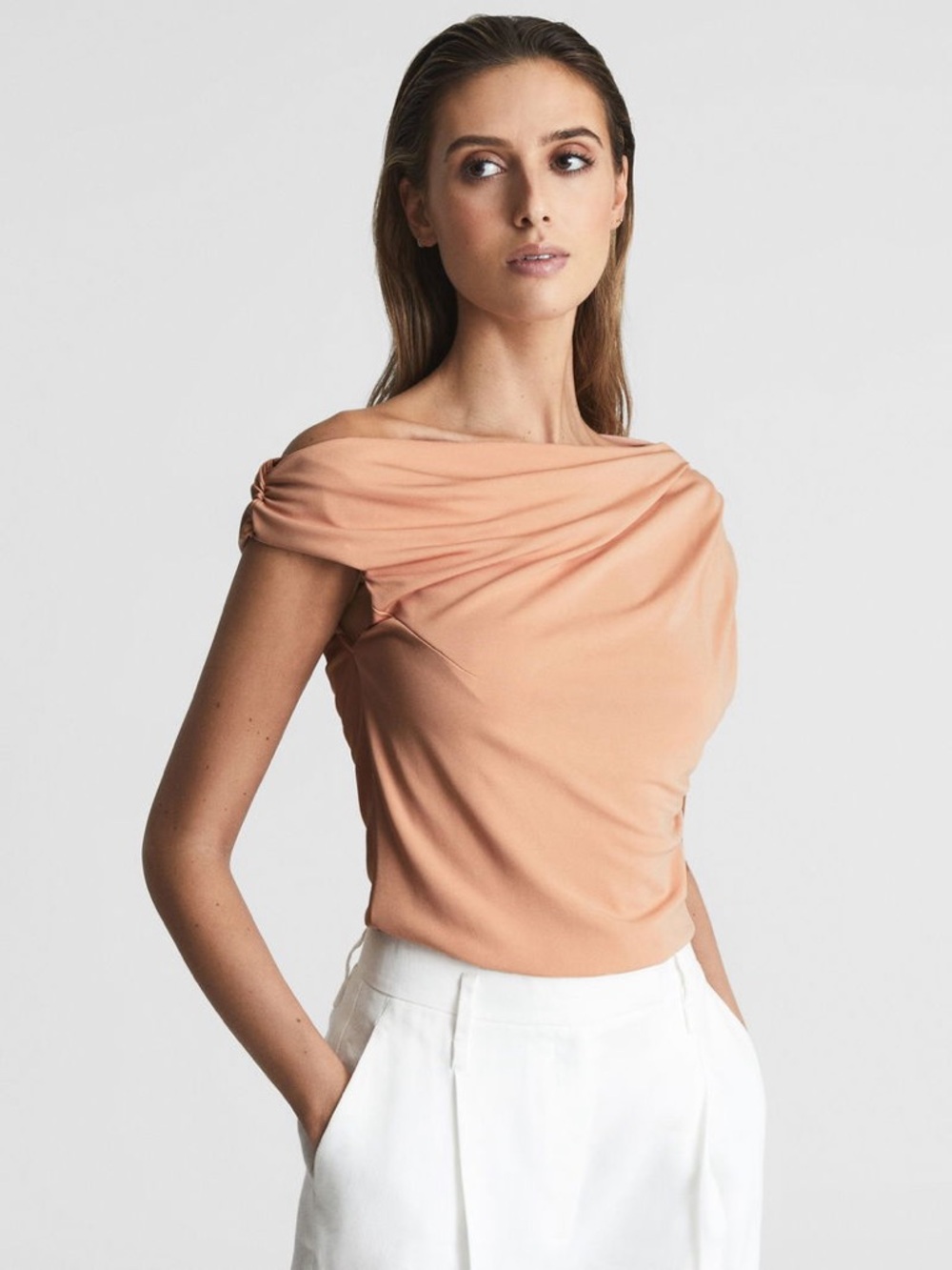 REISS • Celia Short Sleeve Drape Top in Blush